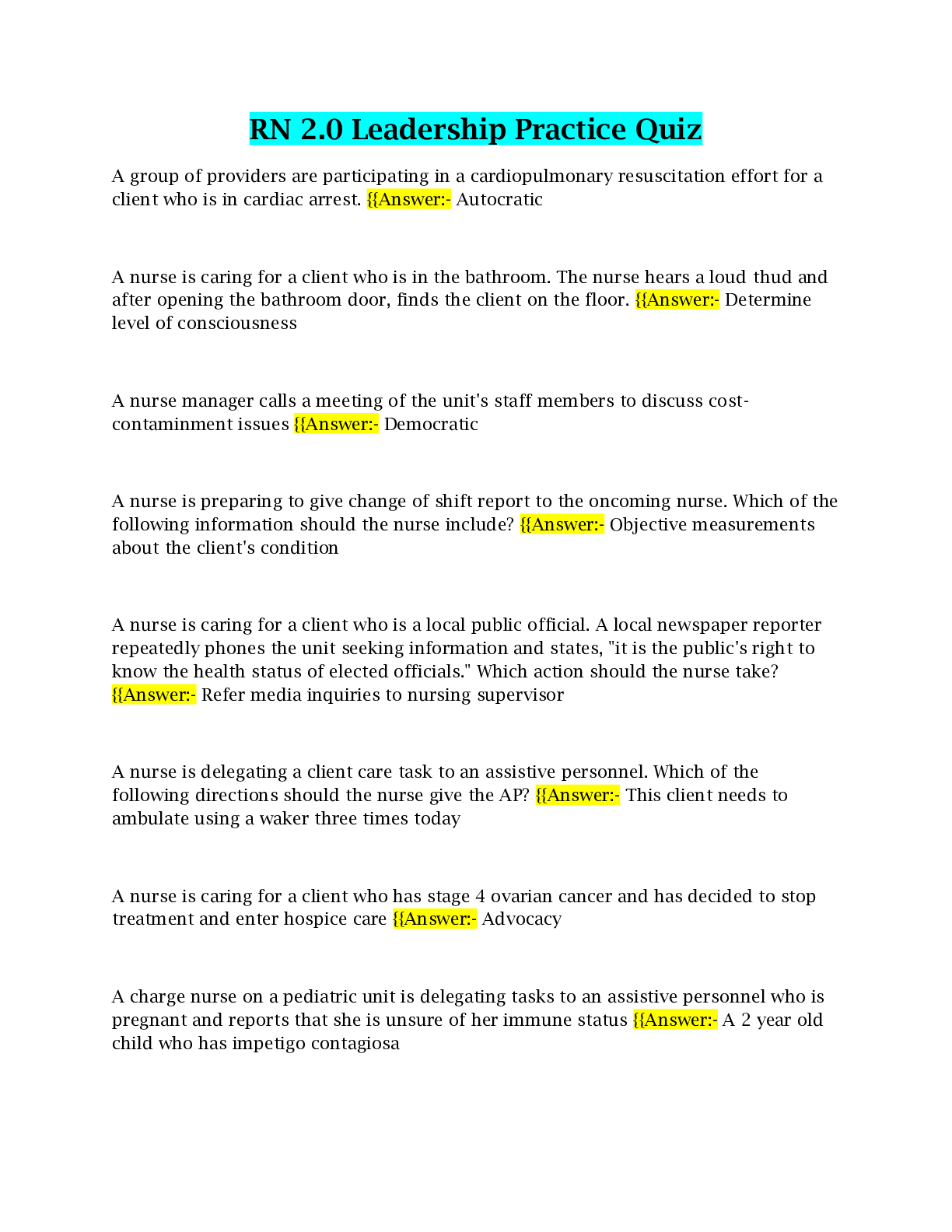 Preview image of RN 2.0 Leadership Practice Quiz with Complete solution document